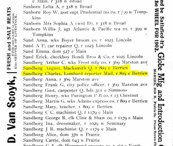 August & Charles (i.e., Carl) "Sandberg" entries from the 1902 Galesburg City Directory
