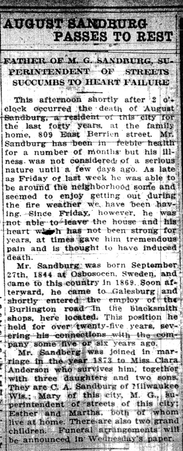 August Sandburg Obituary from the Galesburg Daily Republican Register, March 22, 1910.