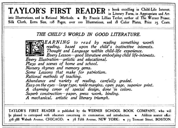 Ad - Taylor's First Reader, by Francis Lillian Taylor.  Michigan School Moderator v.XX1,n.9 (8 Jan 1901), p.260.