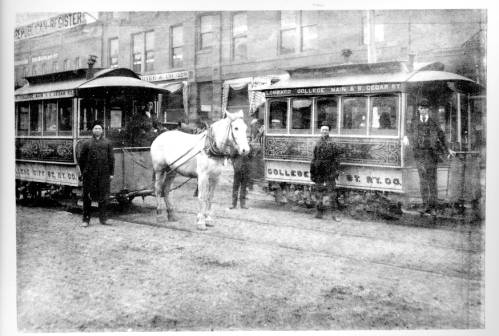 Horse-drawn streetcars in downtown Galesburg, Illinois, ca. 1885.