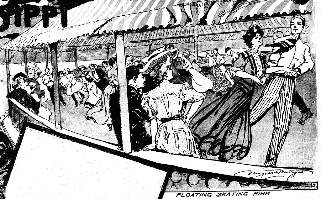 Fanciful Illustration by Marguerite Martyn of a roller rink on a boat on the Illinois River, 1906 from the St. Louis Post-Dispatch of August 19, 1906