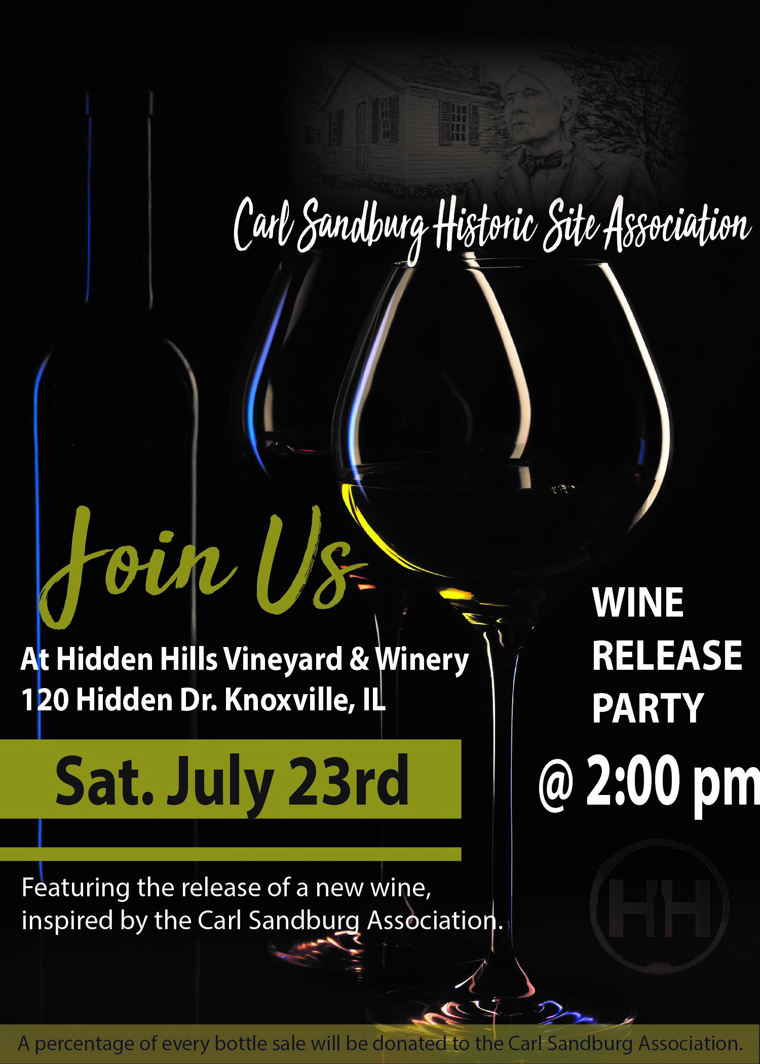 July 23, 2022, 2pm - New "Sandburg" Wine Release Party - Hidden Hills Vineyard & Winery - Knoxville, IL