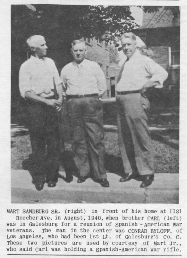 Carl Sandburg w/ cousin Mart Sandburg Sr (right) & Conrad Byloff (ctr) - April 1940 reunion of Spanish-American War Veterans in Galesburg.