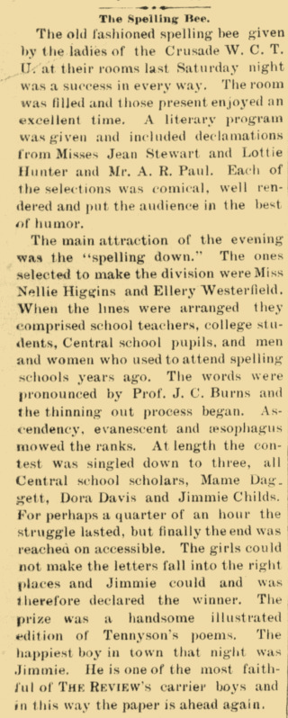 "The Spelling Bee." Monmouth (IL) Review (11 Feb 1890) p.2